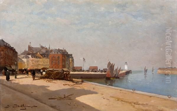 A View Of Le Treport Harbor Oil Painting by Jules Bathieu