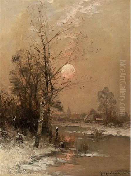 Sonnenuntergang An Einem Winterabend Oil Painting by Johann Jungblut