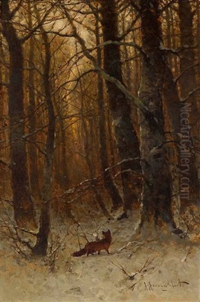 Fuchs Im Winterwald Oil Painting by Johann Jungblut