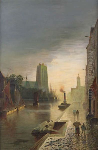 Figures Au Quai En Ville Avec Eglise A L'arriere-plan Oil Painting by Johann Jungblut