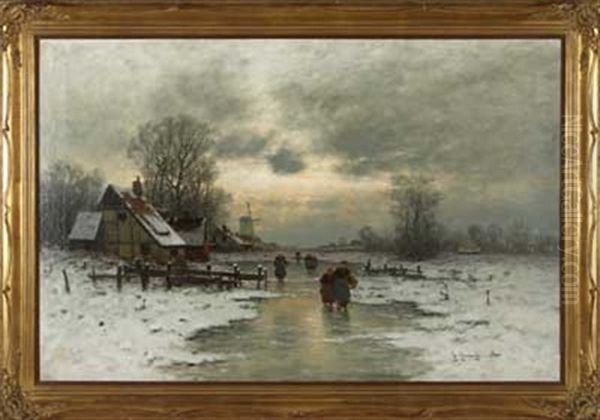 Heimweg Uber Zugefrorenem Fluss Oil Painting by Johann Jungblut