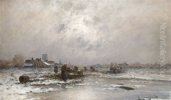 Winterlicher Fischmarkt Auf Der Gracht Oil Painting by Johann Jungblut