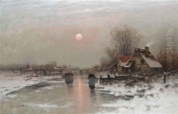 Dutch Peasants On A Frozen Waterway At Sundown Oil Painting by Johann Jungblut