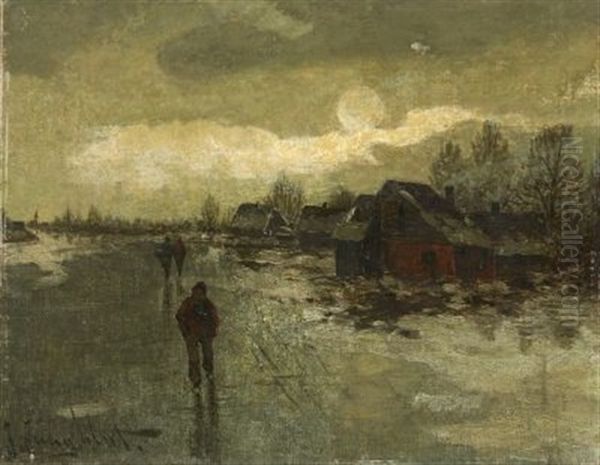 Spazierganger In Schneelandschaft Bei Abenddammerung Oil Painting by Johann Jungblut