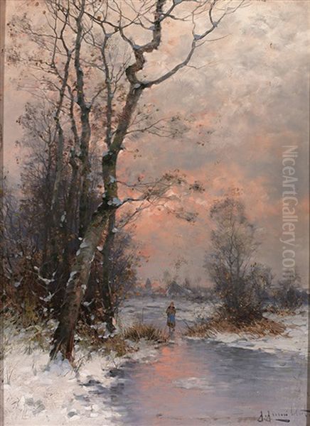 Winterliche Landschaft Mit Zugefrorenem Altwasser Und Figurenstaffage Oil Painting by Johann Jungblut