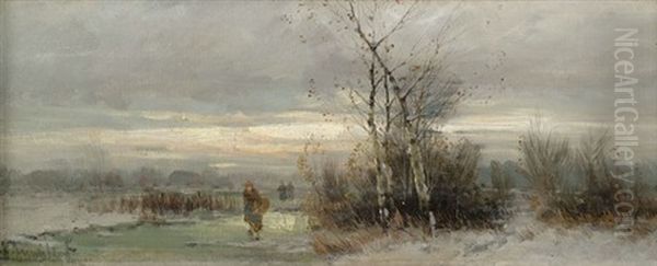 Sommerlandschaft Am Fluss (+ Winterlandschaft Im Abendlicht; Pair) Oil Painting by Johann Jungblut