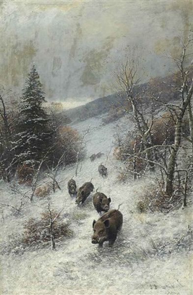 A Herd Of Boars Running Through The Woods In The Snow Oil Painting by Johann Jungblut