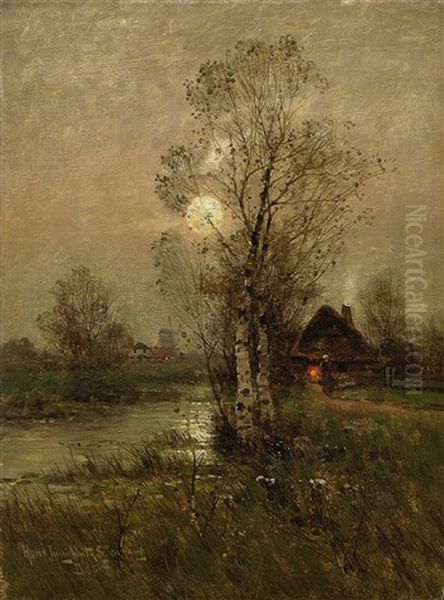 Birken Am Bach Bei Mondschein Oil Painting by Johann Jungblut