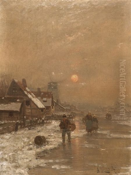 Bauern In Winterlicher Dammerung Oil Painting by Johann Jungblut