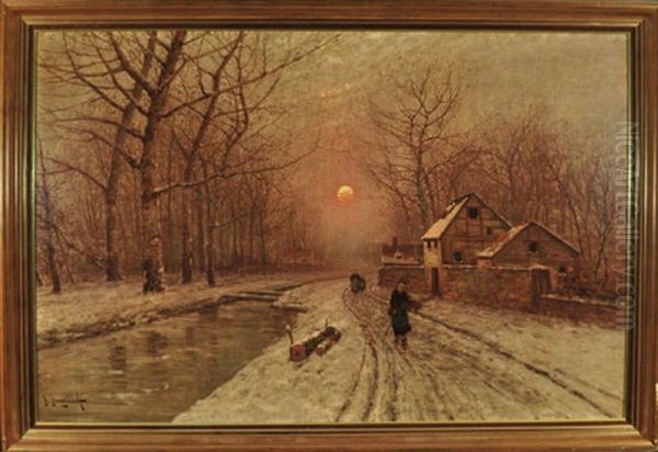 Winterabend Am Verschneiten Flussufer Am Rande Eines Dorfes Mit Personen Oil Painting by Johann Jungblut