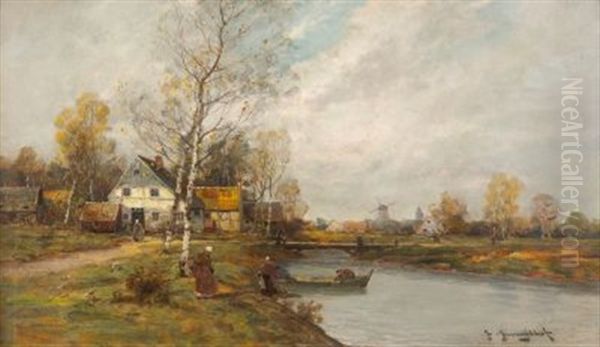 Fischerdorf An Einem Flus Oil Painting by Johann Jungblut