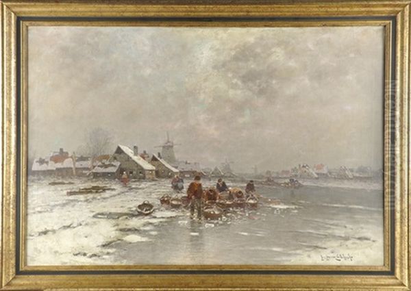 Fischersfrauen Auf Dem Eis In Winterlandschaft Mit Siedlung Und Muhlen Im Hintergrund Oil Painting by Johann Jungblut