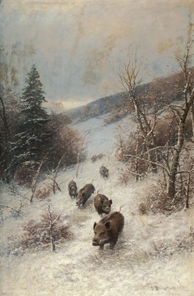 A Sounder Of Boars In A Wintery Forest Oil Painting by Johann Jungblut