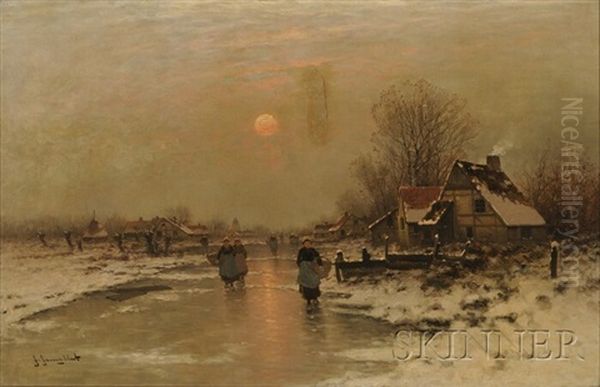 Village Landscape In Winter Oil Painting by Johann Jungblut