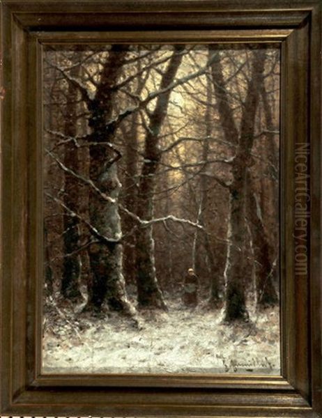 Reisigsammlerin Im Winterwald Oil Painting by Johann Jungblut