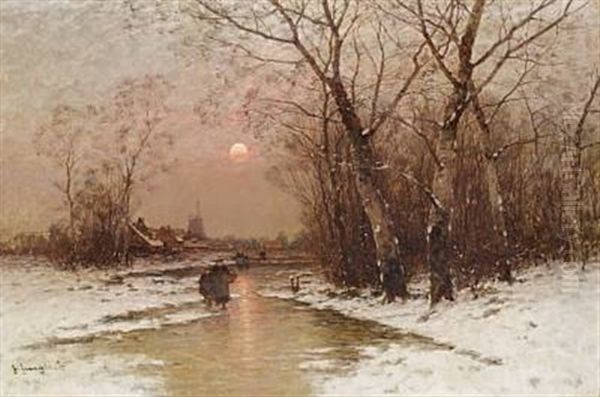 Sunset On A Winter Day Oil Painting by Johann Jungblut