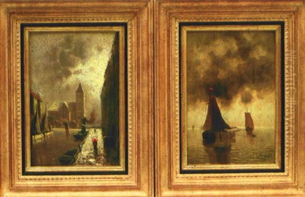 Winterlicher Binnenhafen (+ Beladene Segelkahne Auf Ruhiger See; Pair) Oil Painting by Johann Jungblut