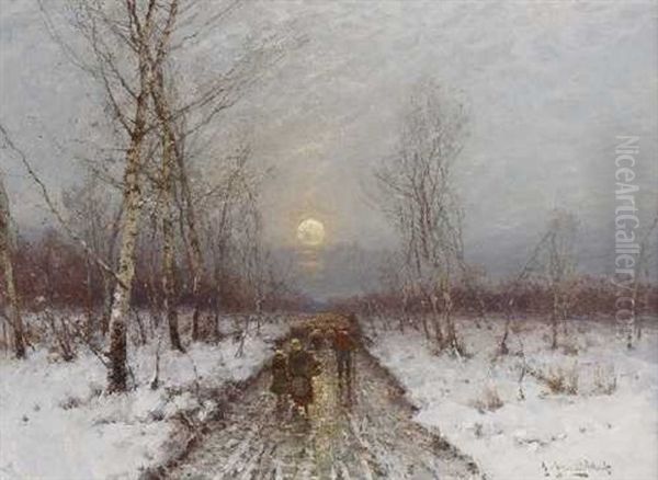 Heimkehrende Bauern In Abendlicher Winterlandschaft Oil Painting by Johann Jungblut