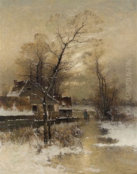 Winterevening At The Village Brook Oil Painting by Johann Jungblut