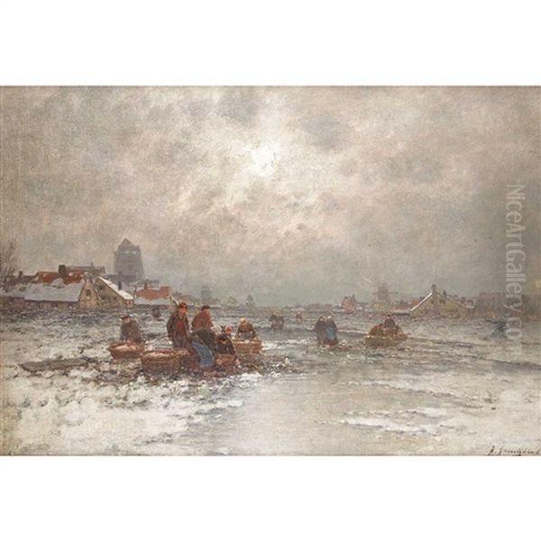 Ice Fishing Oil Painting by Johann Jungblut