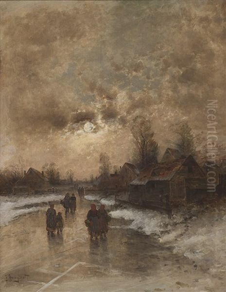 Winterliche Abendstimmung Mit Personenstaffage Oil Painting by Johann Jungblut