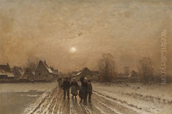 Winterlicher Dorfweg Oil Painting by Johann Jungblut