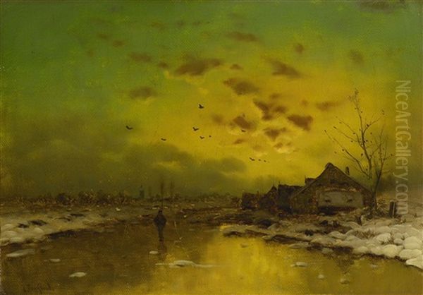 Winterliche Dorflandschaft Im Abendlicht Oil Painting by Johann Jungblut