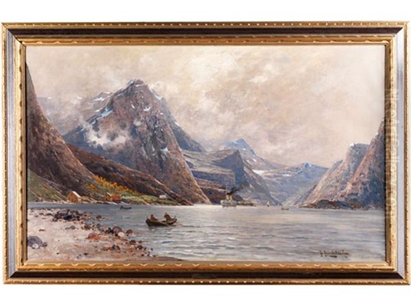 Fjordlandschaft Mit Hausern Am Ufer, Fischern Im Kahn Und Einem Rauchenden Dampfer Im Hintergrund Oil Painting by Johann Jungblut