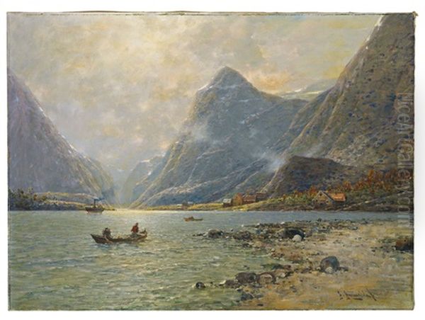 Morgenstimmung In Norwegischem Fjord Mit Fischerbooten, Dampfer Und Aufragenden Bergen Uber Kleiner Siedlung Oil Painting by Johann Jungblut