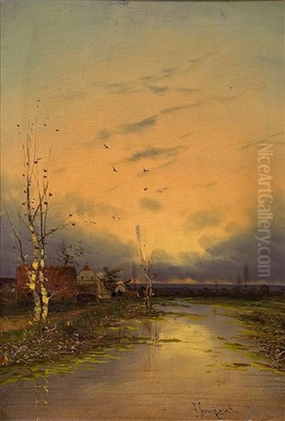 Abendliche Flusslandschaft Oil Painting by Johann Jungblut