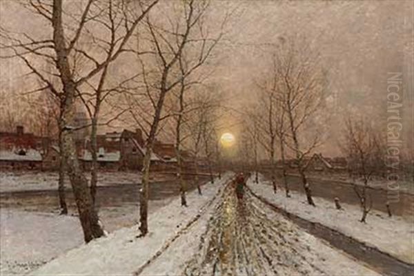 Winterliche Abendsonne Uber Niederrheinischem Dorf Oil Painting by Johann Jungblut