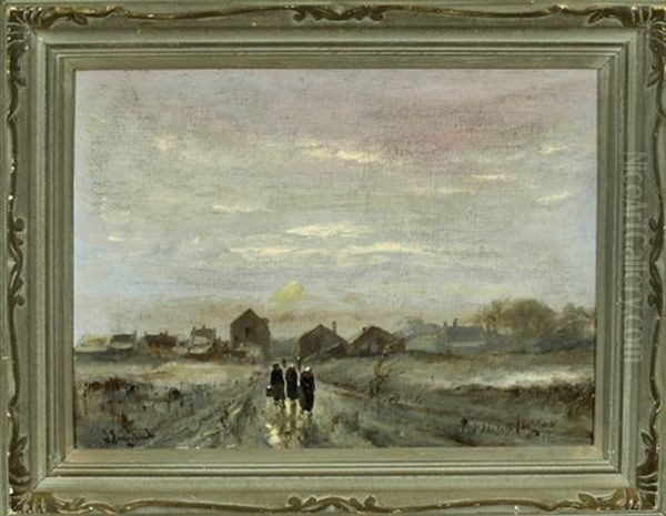 Spaziergang - Drei Damen An Einem Eisigen Wintertag Auf Einem Unbefestigten Weg Oil Painting by Johann Jungblut