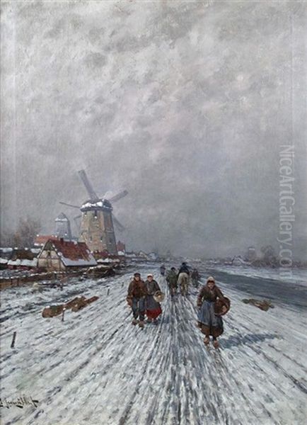 Dutch Winter Landscape Oil Painting by Johann Jungblut