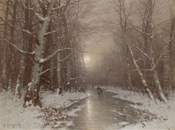 Abendliche Winterlandschaft Mit Einer Reisigsammlerin Oil Painting by Johann Jungblut