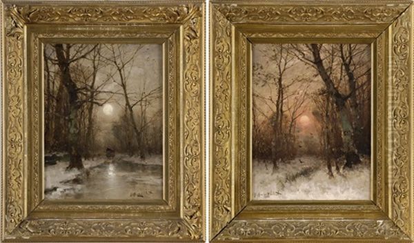 Winterlandschaft (+ Another; Diptych) Oil Painting by Johann Jungblut