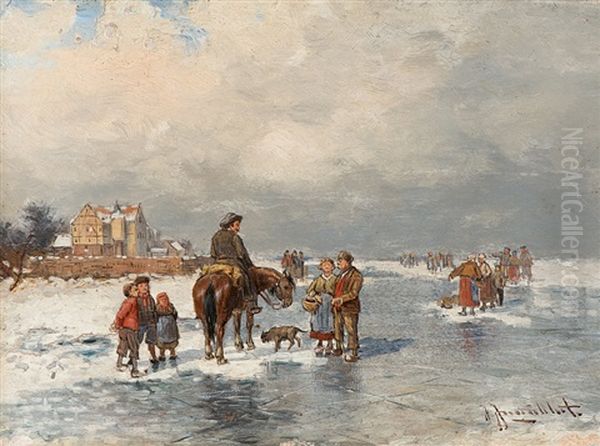 Frozen Waterway Oil Painting by Johann Jungblut