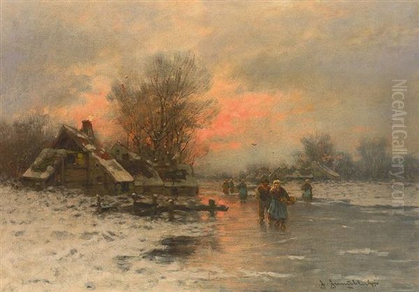 Abendliche Winterlandschaft Mit Zugefrorenem Flusslauf Oil Painting by Johann Jungblut