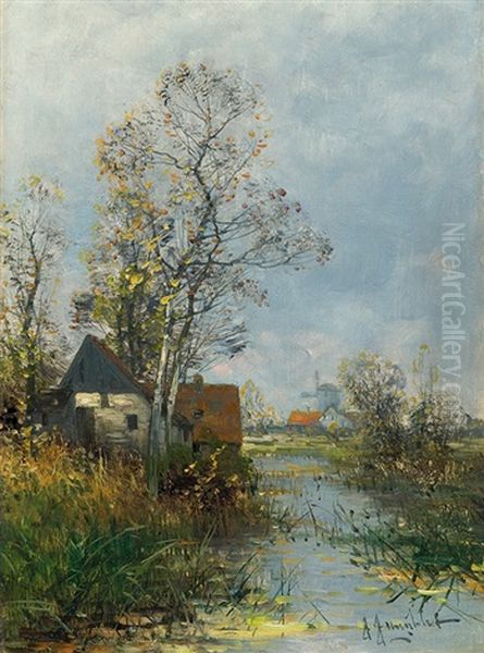 Landscape With Hut And Windmill Oil Painting by Johann Jungblut