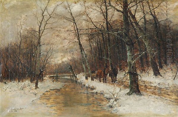 Stream In Winter Aura Oil Painting by Johann Jungblut