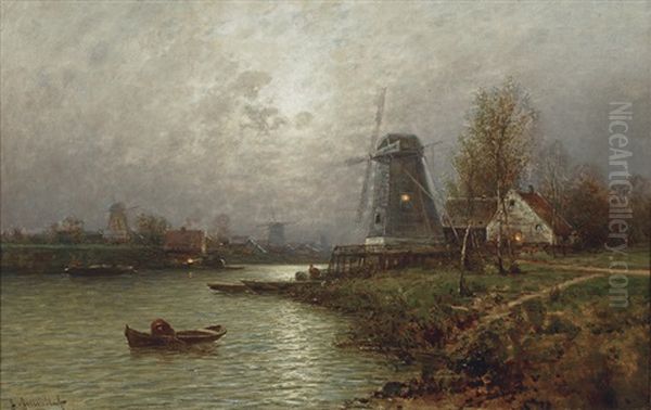 An Evening River Landscape Oil Painting by Johann Jungblut