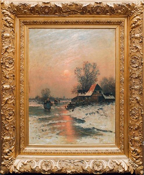 Winterlandschaft Mit Vereistem Flus Im Abendlicht Oil Painting by Johann Jungblut