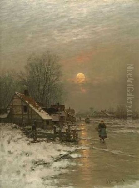 Winterlandschaft In Der Abenddammerung Oil Painting by Johann Jungblut