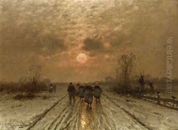 Winterlandschaft Im Abendlicht Mit Heimkehrenden Bauern Oil Painting by Johann Jungblut