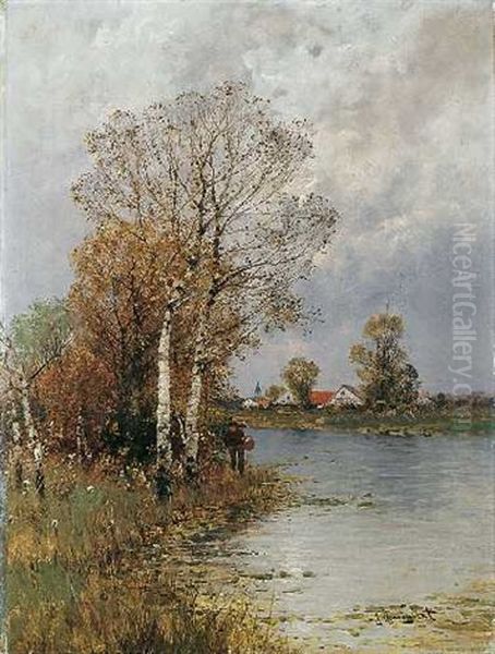 Flusslandschaft Mit Dorf Oil Painting by Johann Jungblut