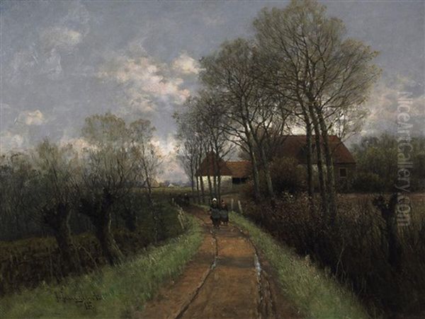 Stiller Herbsttag. Bauersleute Auf Einem Feldweg Vor Gehoften Oil Painting by Johann Jungblut