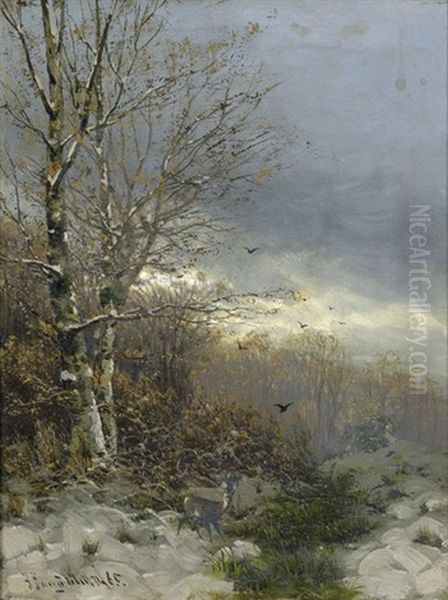 Reh In Einer Winterlandschaft Mit Birken Oil Painting by Johann Jungblut