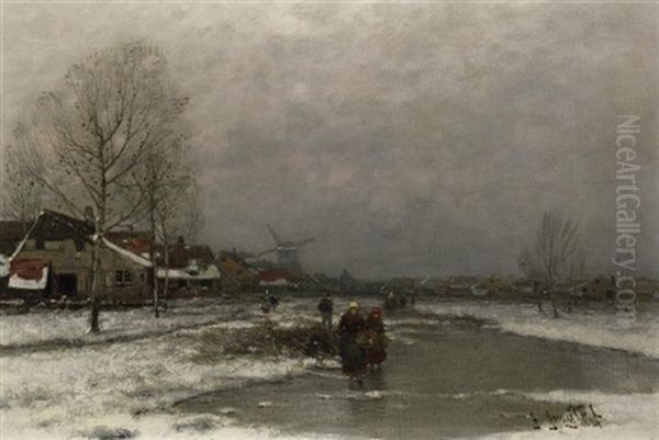 Kalter Wintertag. Bauersleut Auf Gefrorenem Gewasser Vor Dem Dorfe Oil Painting by Johann Jungblut