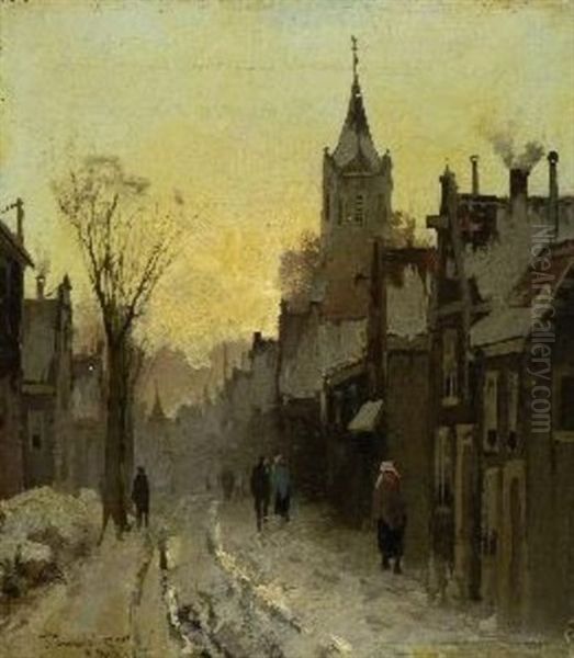 Strasenszene In Winterlicher Kleinstadt Oil Painting by Johann Jungblut