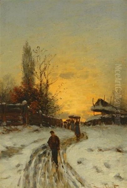 Die Heimkehr. Bauersleute Auf Verschneitem Feldweg Im Abendrot Oil Painting by Johann Jungblut