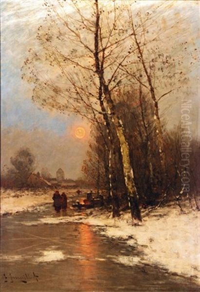 Dutch Winter Landscape Oil Painting by Johann Jungblut